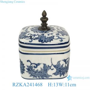 RZKA241468 Antique Blue and White Porcelain Square Jewelry Case With Cooper Decor