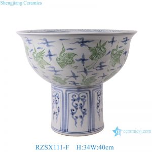RZSX111-F Jingdezhen high foot ceramic planters ancient blue and green cranes pattern large porcelain bowl pot