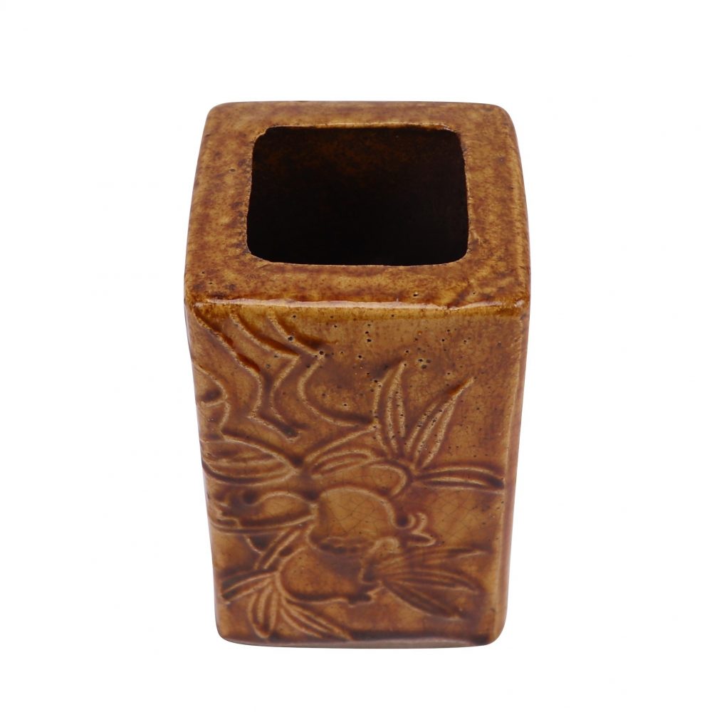 Orange Carved Pomegranate Pattern Quadrilateral Ceramic Pen Holder Top View