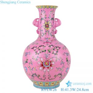 RYLW26 Pink enamel Colorful Reproduction plucking flower Twsited lotus  flower pattern double ear Ceramic decorative Vase