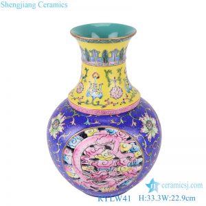 RYLW41 Famille rose Blue Yellow color Twisted Flower Pattern Hollow out  revolving Ceramic decorative revolving Vase