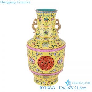 RYLW43 Jingdezhen Hand painted Famille rose  Yellow color Twisted Picking flowers Pattern Hollow out Heart shape Ceramic decorative Revolving Vase