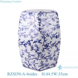 RZSI50-A Elegant Blue and White Hexagonal Ceramic Stool Bird and Flower Pattern Porcelain Garden Seat