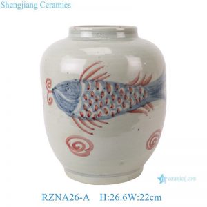 RZNA26-A Antique red underglazed fish pattern porcelain vase handmade melon shape ceramic Jar