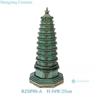 RZSP80-A 54cm Antique Chinoiserie Green Porcelain Pagoda Pavilion Ceramic statue