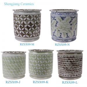 RZSX09-J-K-L-M-N Brown Green color Weaving and Flower pattern Ceramic Pen holder tabletop flower vase