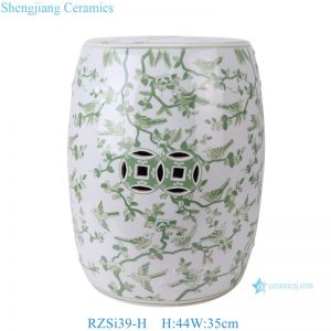 RZSi39-H New Green and White Flower and Birds Pattern Round Ceramic Stool Home Decor