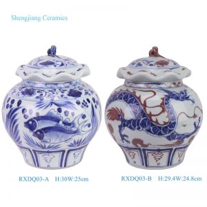 RXDQ03-A-B Jingdezhen Handpainted Blue and white fish algae Dragon pattern Ceramic lidded Jar Urn Pot