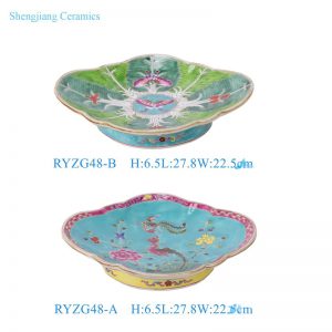 RYZG48-A-B Blue Green cabbage Bok Choy pattern Background Phoenix Peony pattern lace high footed fruit plate
