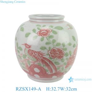 RZSX149-A Pink and Green Rustic Porcelain Bird Flower Vase Antique Round Ceramic Vase