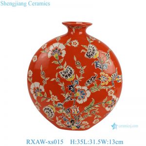 RXAW-xs015 Jingdezhen Porcelain Red-Glazed Gold-Dragon Motif Flat-Bellied Vase with Moon-Holding Design Ceramic Flower Vase