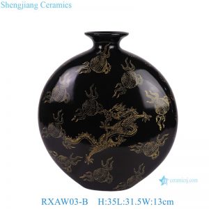 RXAW03-B Jingdezhen Porcelain Black-Glazed Gold-Dragon Motif Flat-Bellied Vase with Moon-Holding Design Ceramic Flower Vase