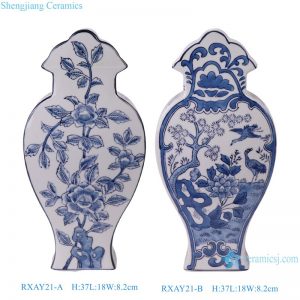 RXAY21-A-B Chinese Style Blue and White Porcelain Flower and Leaf Pattern Phoenix Pattern Flat Belly Ceramic Vase