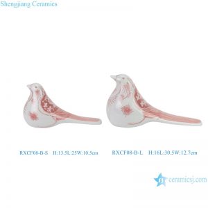 RXCF08-B-L-S Jingdezhen porcelain underglaze red flower and leaf pattern long-tailed bird ceramic sculpture