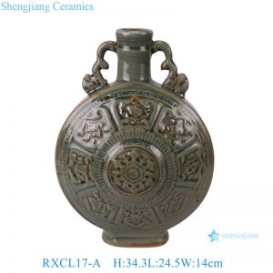 RXCL17-A porcelain home decoration dark green carved eight-treasure pattern double-eared moon-holding ceramic vase