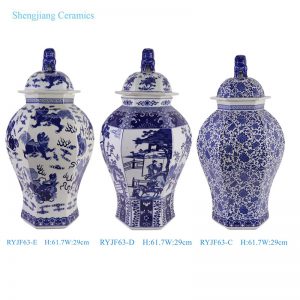 RYJF63-C-D-E / RYJF78-A-S Jingdezhen Blue and white flower bird figure lion pattern hexagonal lion head Porcelain Temple Jar