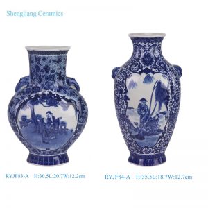 RYJF83-A / RYJF84-A Blue and white window opening Character Landscape Figures pattern flat belly bottle Ceramic flower Vase