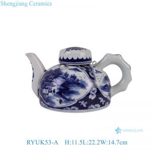 RYUK53-A Chinese style porcelain blue and white window landscape figures bamboo handle ceramic pot home decoration gifts