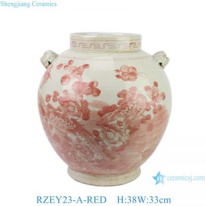 RZEY23-A-RED Chinese style porcelain pot belly ceramic jar with red flower and bird pattern under glaze