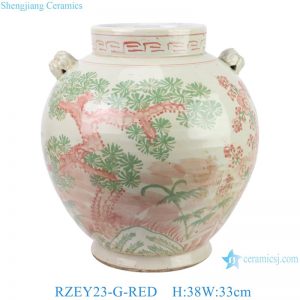 RZEY23-G-RED Chinese style porcelain doucai pine, bamboo, plum and lion ear ceramic pot belly jar flower pot
