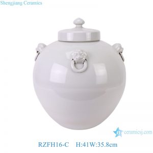 RZFH16-C Pure White Large Belly Ceramic Lidded Jar with Lion Ring Ears Handmade Porcelain Vase