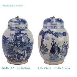 RZMW14-A-B Jingdezhen Blue and White Handpainted Figure pattern Ancestor Lidded Jar with copper ring
