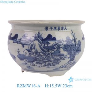 RZMW16-A Blue and white handpainted landscape pattern three legged incense burner Ceramic flower pot