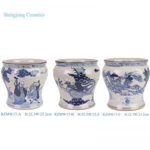 RZMW17-A-B-C Blue and white character dragon landscape pattern Ceramic incense burner jar Ceramic flower pot