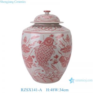 RZSX141-A Coral Red Seawater and Fish Graphic Ceramic Temple Jar with Lid