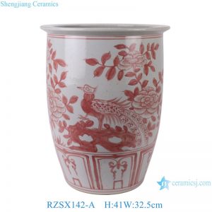 RZSX142-A Coral Red Peacock Motif Flower Pots Vintage Home Decorative Hand Painted Ceramic Garden Planters
