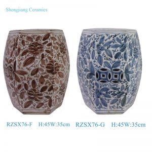 RZSX76-F-G Hongwu glazed red blue and white hand painted Leaf peony flower pattern Ceramic hexagonal stools