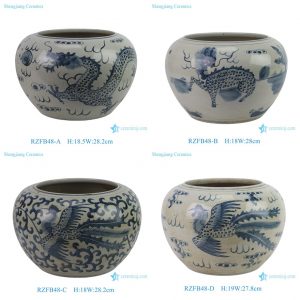 RZFB48-A/B/C/D Vintage Hand-Painted Porcelain Planter Hand-Crafted Phoenix Dragon Qilin Motif Garden Pots