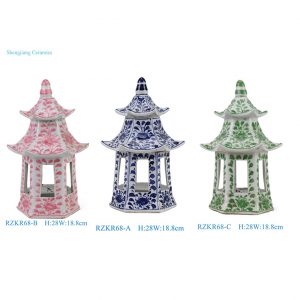 RZKR68-A/B/C Chinoiserie Pink Green Blue Ceramic Pagoda Flower Pattern Cage Statues