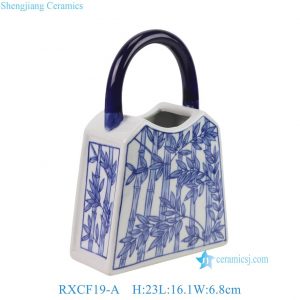 RXCF19-A Blue and White Baboo Motif Handbag-shaped Ceramic Planter Vase Figurine