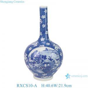 RXCS10-A Blue and White Ice Plum pattern open window Wutong Scape Long neck Ceramic Flower Vase