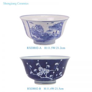 RXDR02-A-B 4.5inch Blue and white Open window landscape ice plum pattern Ceramic Soup Bowl