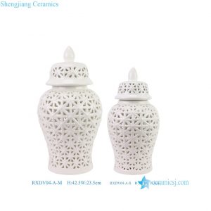 RXDV04-A-M-S Big and Small White Openwork Geometric Design Porcelain Temple Jars for Home Decor Tabletop Ornament