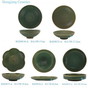 RXDW3 Antique Green Solid Color Tea Green Ceramic Bowl Flower shape Plate Dinnerwares