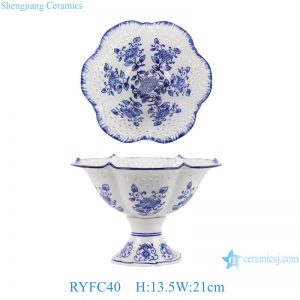 RYFC40 Cheap Price Blue and white Flower Leaf Pattern High Foot Openwork Fruit Plate
