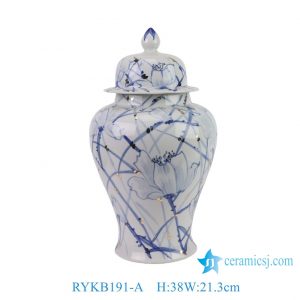 RYKB191-A  New Blue White Golden Embellishments Magnolia Pattern Porcelain Temple Jar for Home Decor Hotel Shop Store