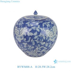 RYWM08-A Blue and White Watermelon Jar with Butterfly Pattern on Blue Background for Home Decor Tabletop Ornament