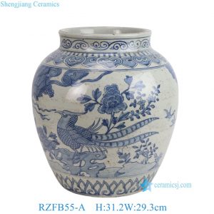 RZFB55-A Jingdezhen Blue and White Hand painted Flower Bird Big Belly Ceramic Jar Flower Pot