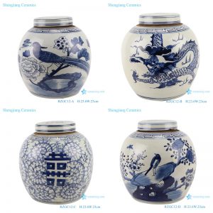 RZGC12 Vintage Style Blue and White Ginger Jar Chinese Happiness Flower Bird Pattern Ceramic Lidded Jar