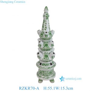 RZKR70-A New Green White Floral Motif Multi-Tiered Ceramic Pagoda for Home/Office Decor