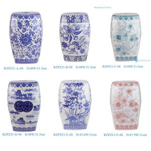 RZPZ21 Series Hand-Painted Porcelain Garden Stool Chinoiserie Square Ceramic Seat Floral Outdoor Accent