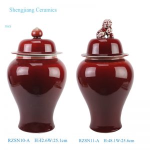 RZSN10-A / RZSN11-A Antique Oxblood Red Solid Color Porcelain Temple Jar Ceramic Urn with Lion