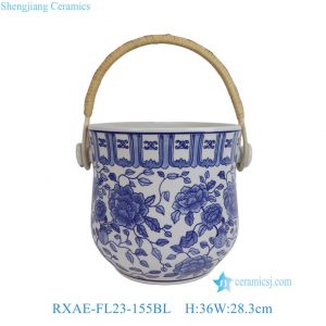 RXAE-FL23-155BL Blue White Lotus Flower Pattern Ceramic Fruit Storage Basket Beer Bucket with Rattan Handle