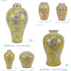 RXAY23 Yellow Porcelain Vase with White Leaf Flower Pattern Decorative Ceramic Vase for Home Decor