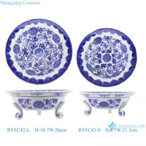 RYFC42-L-S Blue and white Flowered Lotus Three-legged Ceramic Fruit Plate Size Combination