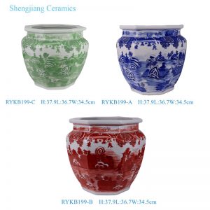 RYKB199-A-B-C Blue Red Green and White Paulownia Landscape Pattern Ceramic Flower Pot Planter